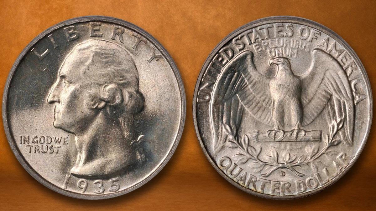 1935-D Washington Quarter comparison showing worn circulated example versus high-grade gem uncirculated specimen with full luster