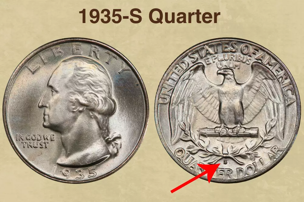 1935-S quarter repunched S mint mark close-up showing secondary S impression visible around the primary mint mark