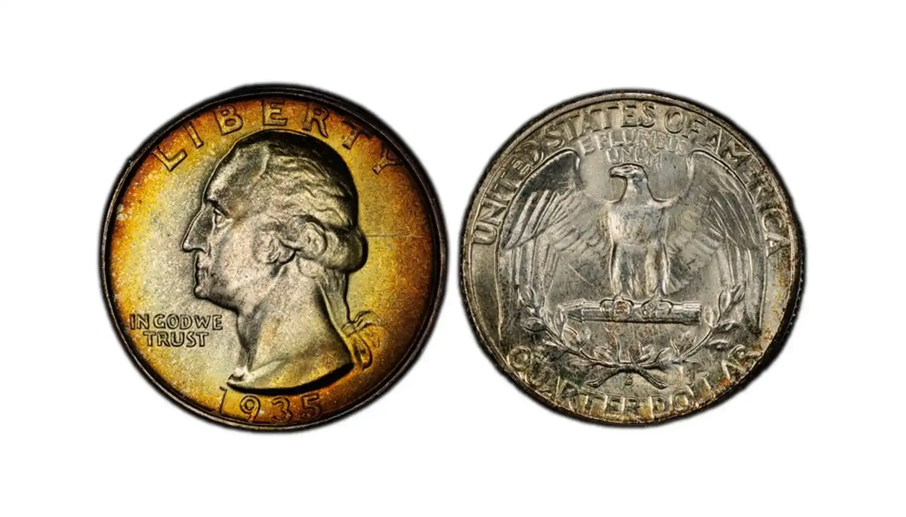 1935 Washington quarter broadstruck error showing expanded diameter wider than normal with reduced rim from being struck outside the retaining collar