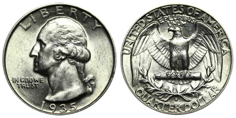 1935 Washington quarter group showing examples from all three mints — Philadelphia, Denver, and San Francisco — in various grades and conditions